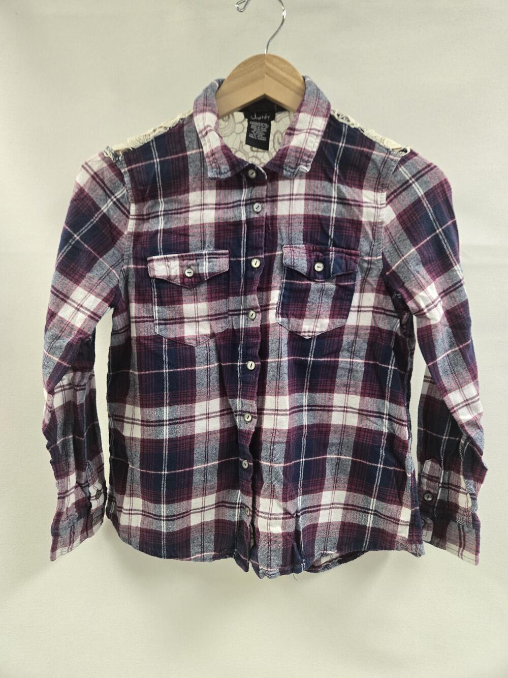 Justify Shirt Womens Large Purple Blue Plaid Button Up Lace Back Western Casual